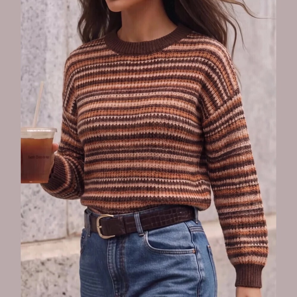 Brown Striped Space Dye Knit Crew Neck Sweater